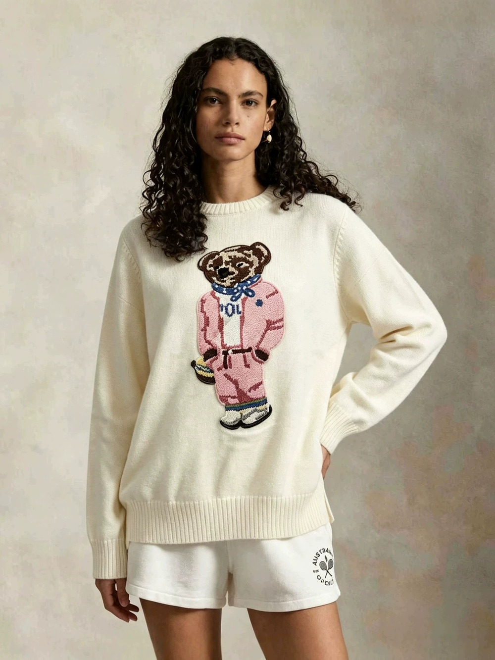 Zara Pink Cartoon Bear Embroidery Casual Crew Neck Knit Sweater Fall Winter